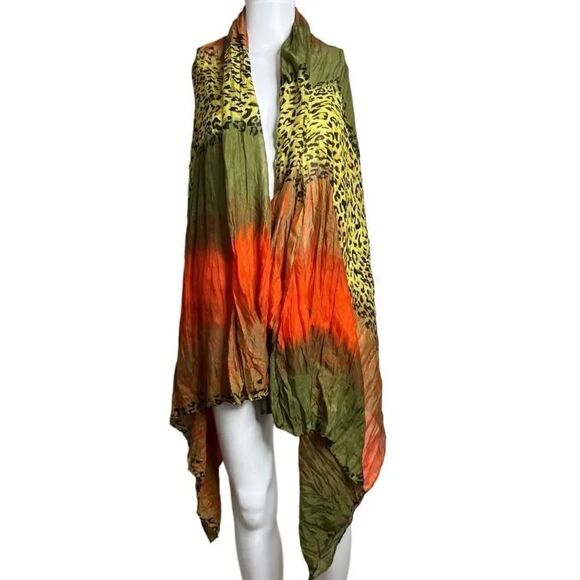 Cheetah Print Colorblock Scarf Pancho Green Yellow One Size - Picture 1 of 2